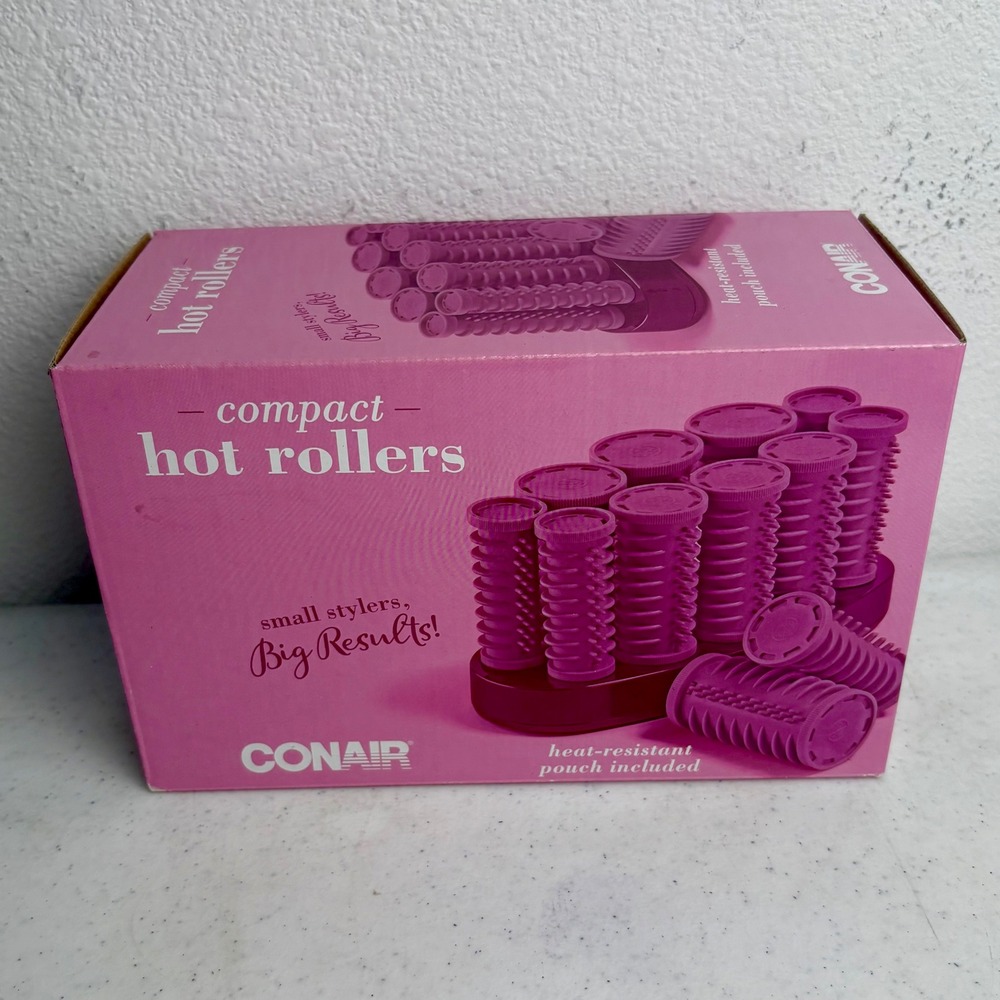 NEW Conair Compact Hot Rollers 10 Multi-Size Hair Setter with Travel Pouch Pink